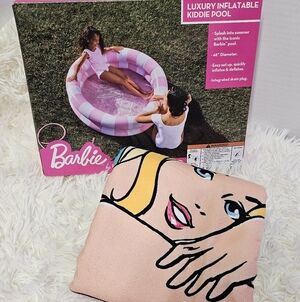 Barbie Inflatable Round 2-Ring Pool 48" With Barbie Beach Towel Kids Summer Gift